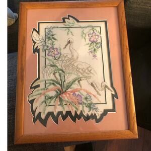 Vintage MC Crosstitch abstract, Egret Birds flowers, foliage